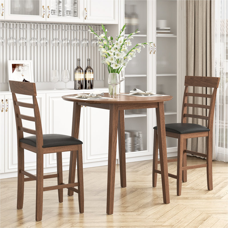 Winston Porter 3PCS Retro Round Counter Height Drop Leaf Table With 2 Upholstered Chairs Rubber Wood Dining Table Set Pub Set With PU Leather Cushion For Small Space Kitchen Walnut Color Wayfair